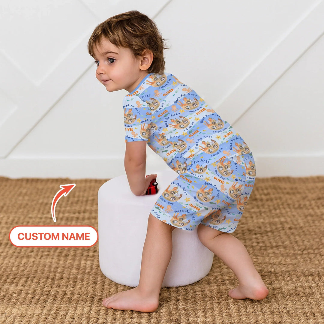 Noah’s Ark Custom Name Boy Two Piece Short Sleeve Shorts Pajama Set - Zumbamboo