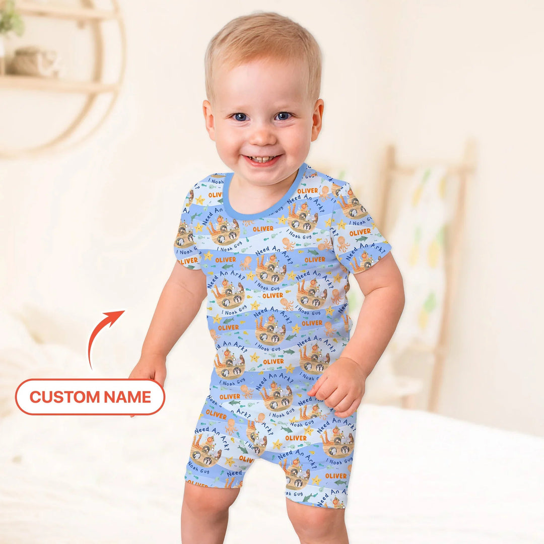Noah’s Ark Custom Name Boy Two Piece Short Sleeve Shorts Pajama Set - Zumbamboo