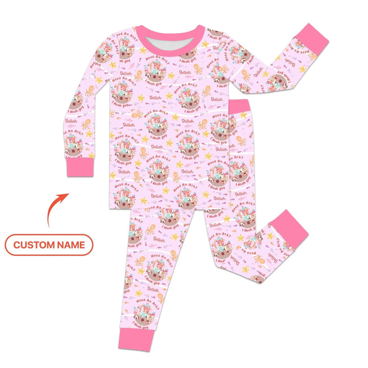 Noah’s Ark Custom Name Girl Two Piece Long Sleeve Pajama Set - Zumbamboo