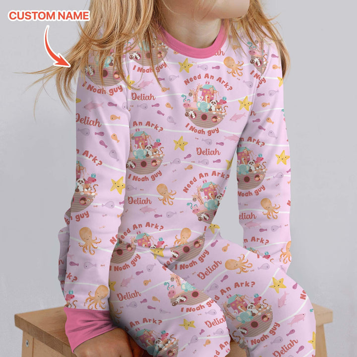 Noah’s Ark Custom Name Girl Two Piece Long Sleeve Pajama Set - Zumbamboo