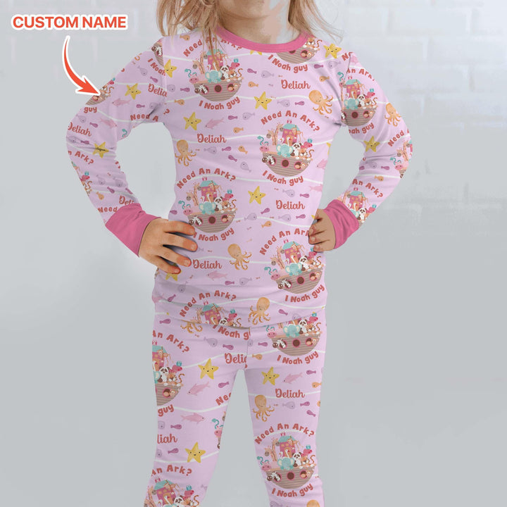 Noah’s Ark Custom Name Girl Two Piece Long Sleeve Pajama Set - Zumbamboo
