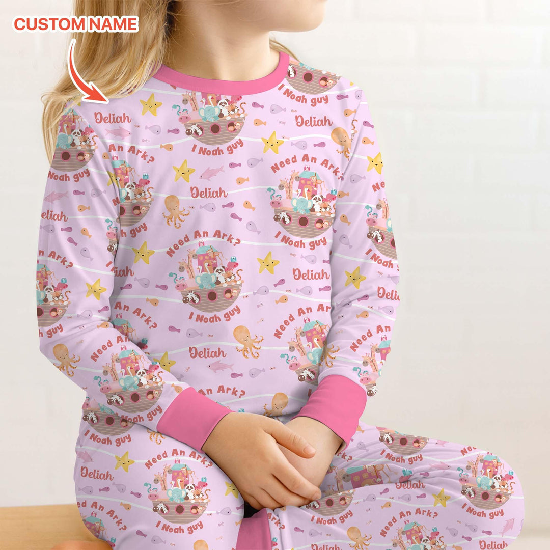 Noah’s Ark Custom Name Girl Two Piece Long Sleeve Pajama Set - Zumbamboo