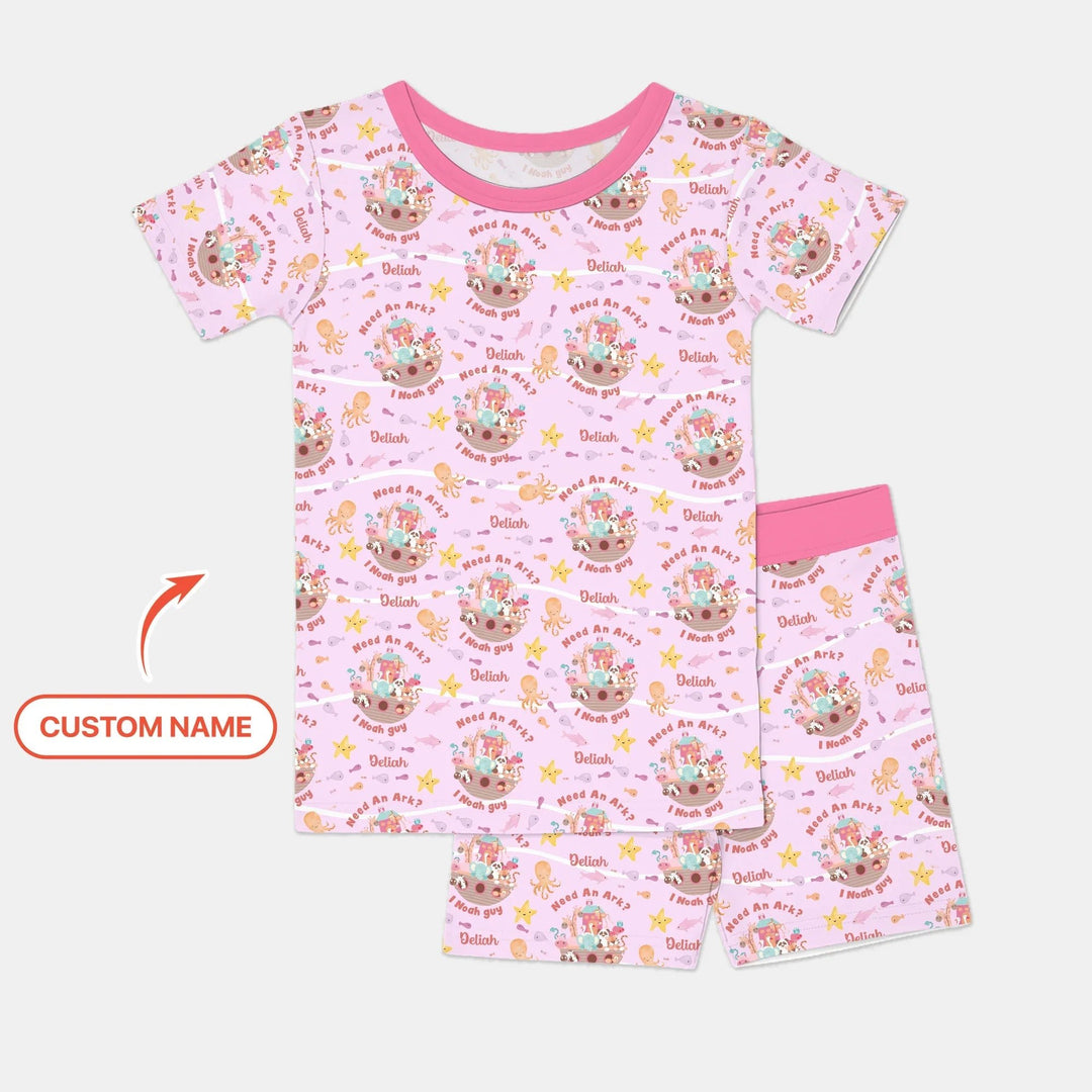 Noah’s Ark Custom Name Girl Two Piece Short Sleeve Shorts Pajama Set - Zumbamboo