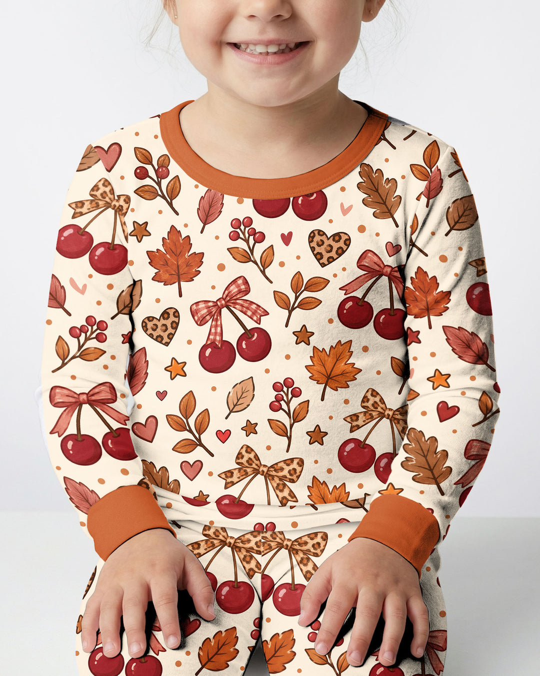 Coquette Bow Cherry Fall Leopard Bamboo Two Piece Long Sleeve Pajama Set