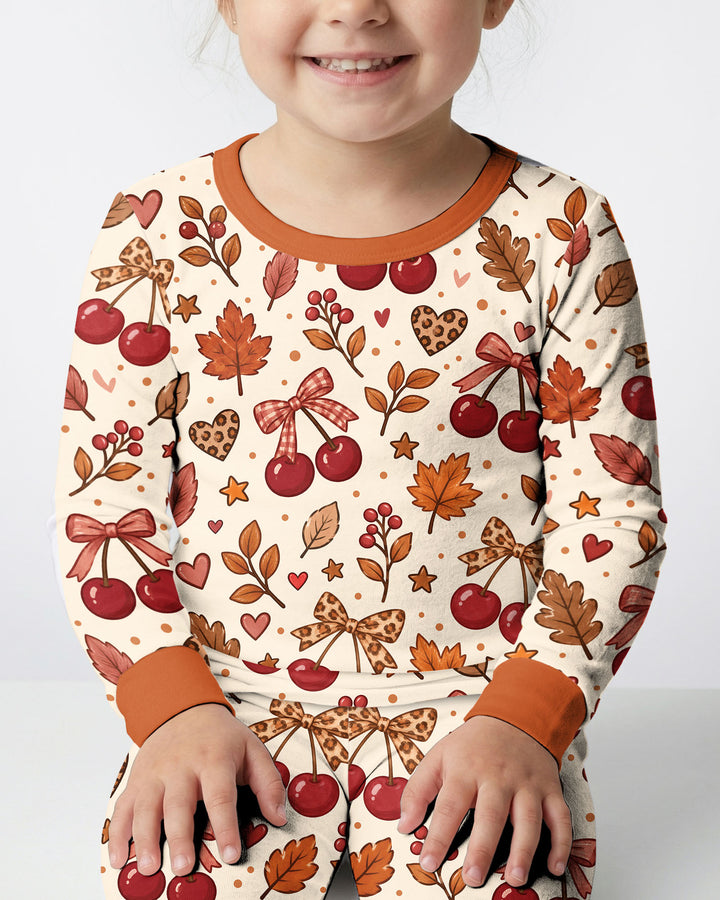 Coquette Bow Cherry Fall Leopard Bamboo Two Piece Long Sleeve Pajama Set