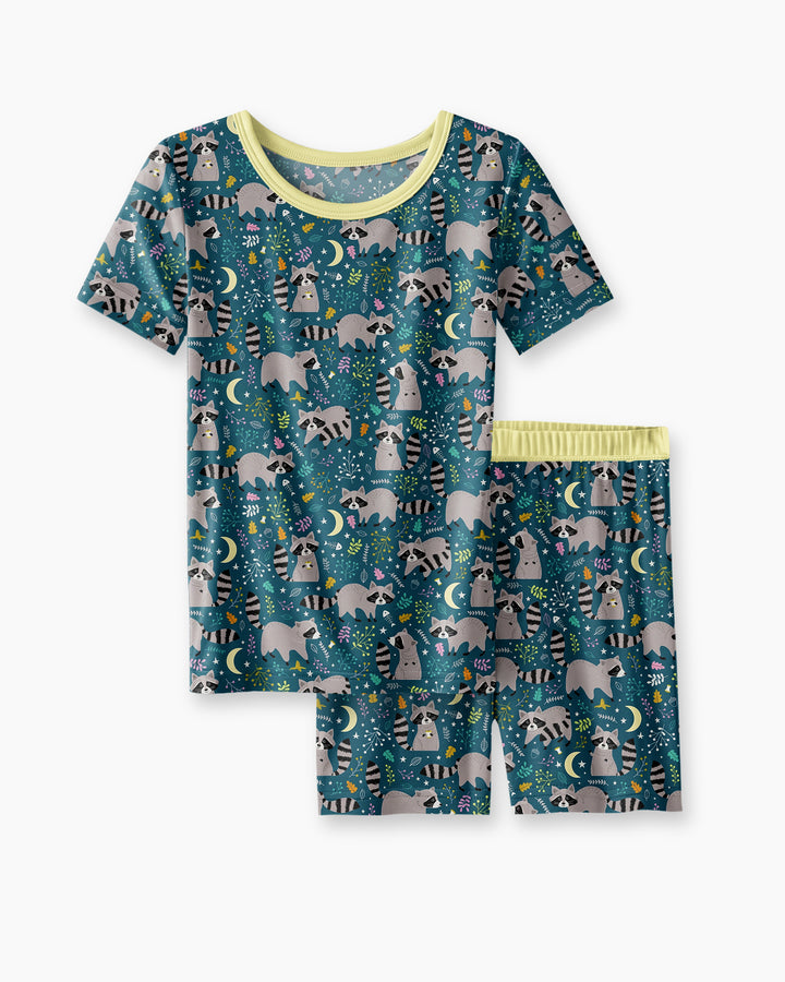 Midnight Raccoons Bamboo Two Piece Short Sleeve Shorts Pajama Set
