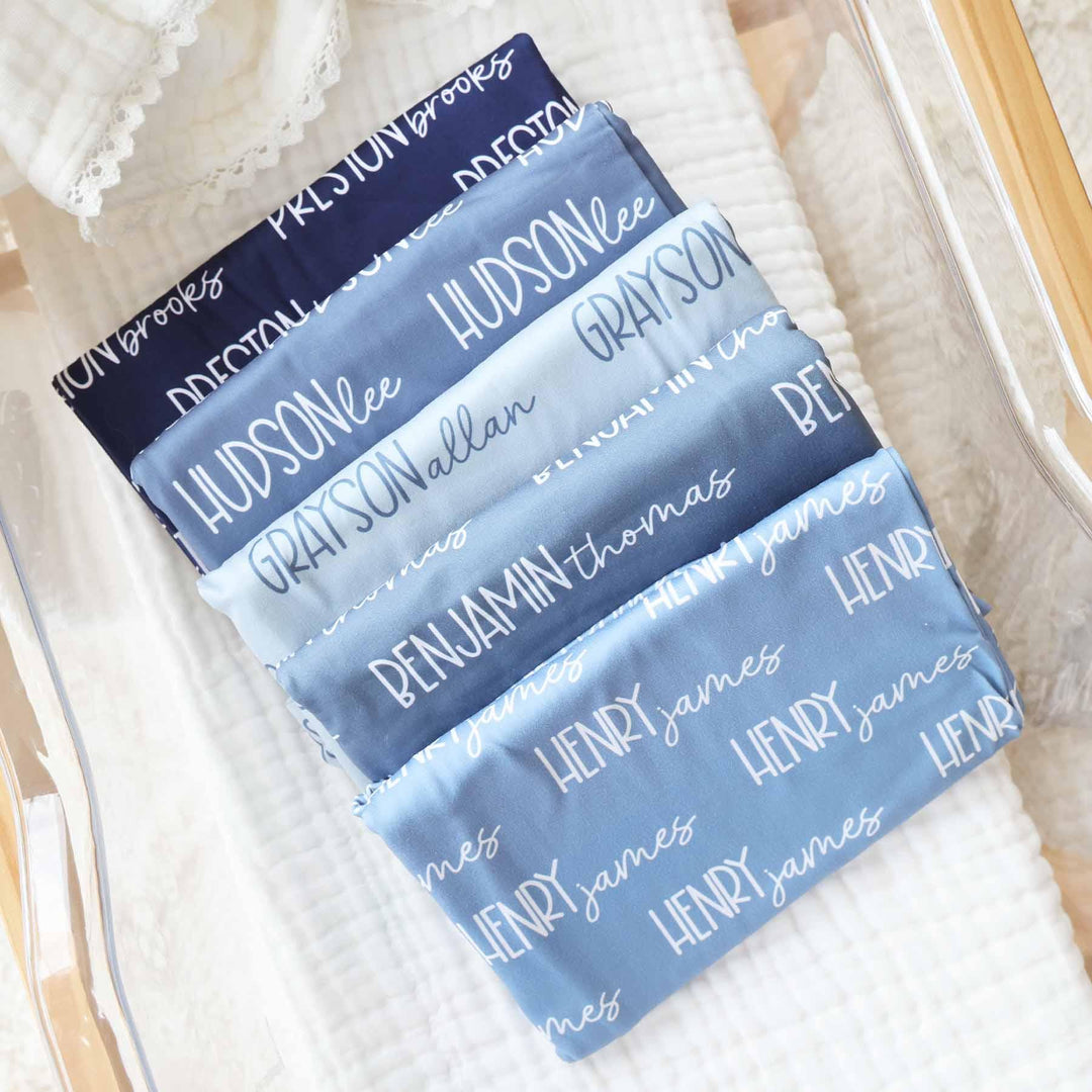 Personalized Blues Baby Name Swaddle Blanket Font Duo - Zumbamboo
