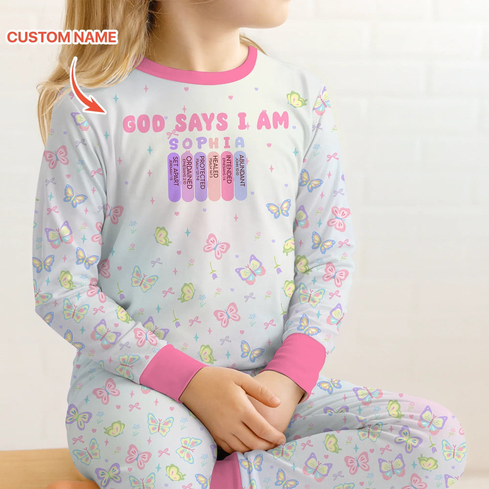 Personalized Butterfly Blessings God Says I Am Two Piece Long Sleeve Pajama Set , Personalized Butterfly Blessings God Says I Am Two Piece Long Sleeve Pajama Set - 12-18M