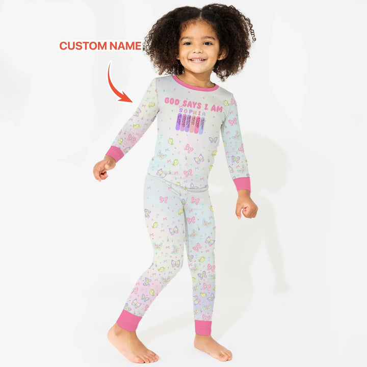 Personalized Butterfly Blessings God Says I Am Two Piece Long Sleeve Pajama Set , Personalized Butterfly Blessings God Says I Am Two Piece Long Sleeve Pajama Set - 12-18M