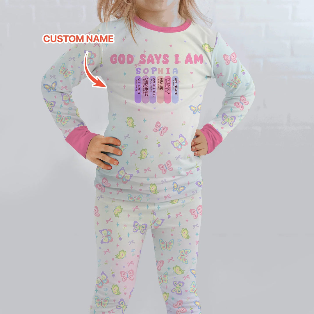 Personalized Butterfly Blessings God Says I Am Two Piece Long Sleeve Pajama Set , Personalized Butterfly Blessings God Says I Am Two Piece Long Sleeve Pajama Set - 12-18M