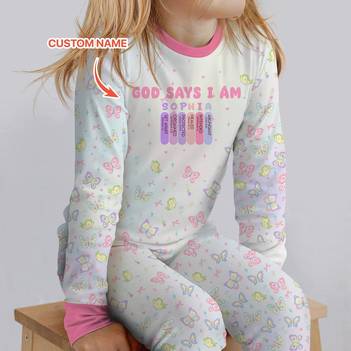 Personalized Butterfly Blessings God Says I Am Two Piece Long Sleeve Pajama Set , Personalized Butterfly Blessings God Says I Am Two Piece Long Sleeve Pajama Set - 12-18M