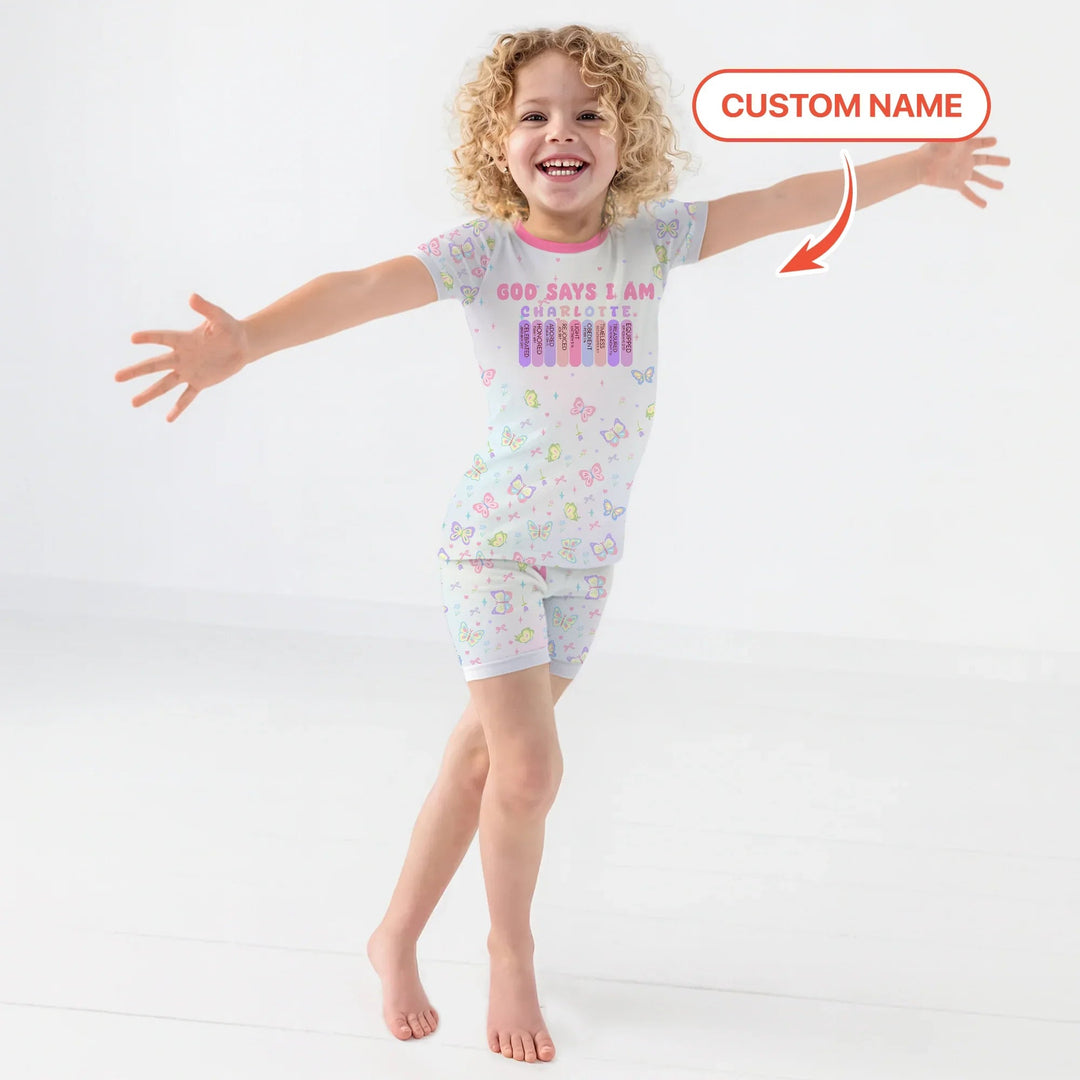 Personalized Butterfly Blessings God Says I Am Two Piece Short Sleeve Shorts Pajama Set , Personalized Butterfly Blessings God Says I Am Two Piece Short Sleeve Shorts Pajama Set - 12-18M