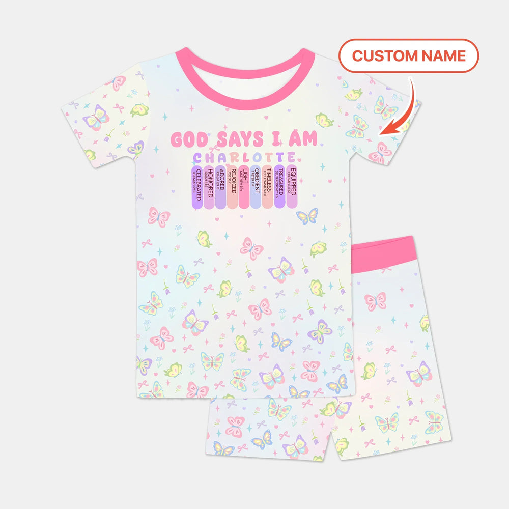 Personalized Butterfly Blessings God Says I Am Two Piece Short Sleeve Shorts Pajama Set , Personalized Butterfly Blessings God Says I Am Two Piece Short Sleeve Shorts Pajama Set - 12-18M