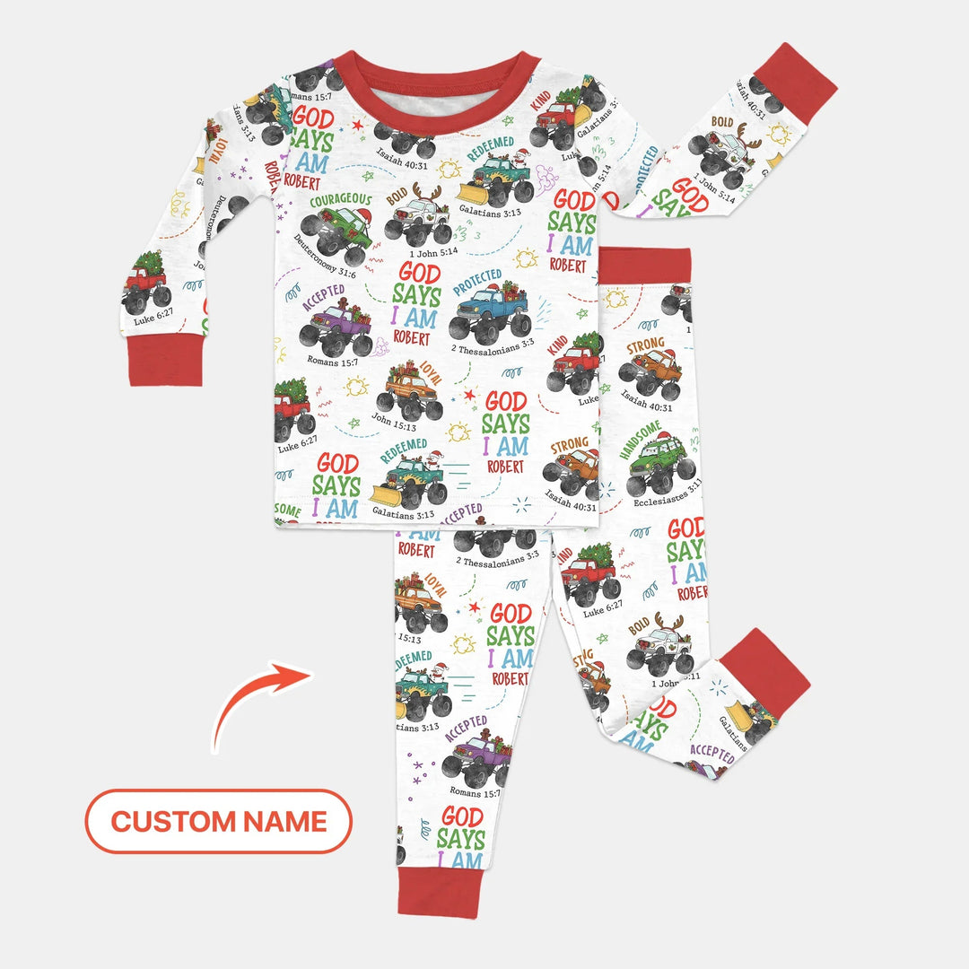 Personalized God Says I Am Christmas Monster Truck Two Piece Long Sleeve Pajama Set - Zumbamboo