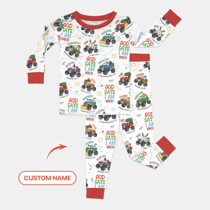 Personalized God Says I Am Christmas Monster Truck Two Piece Long Sleeve Pajama Set - Zumbamboo