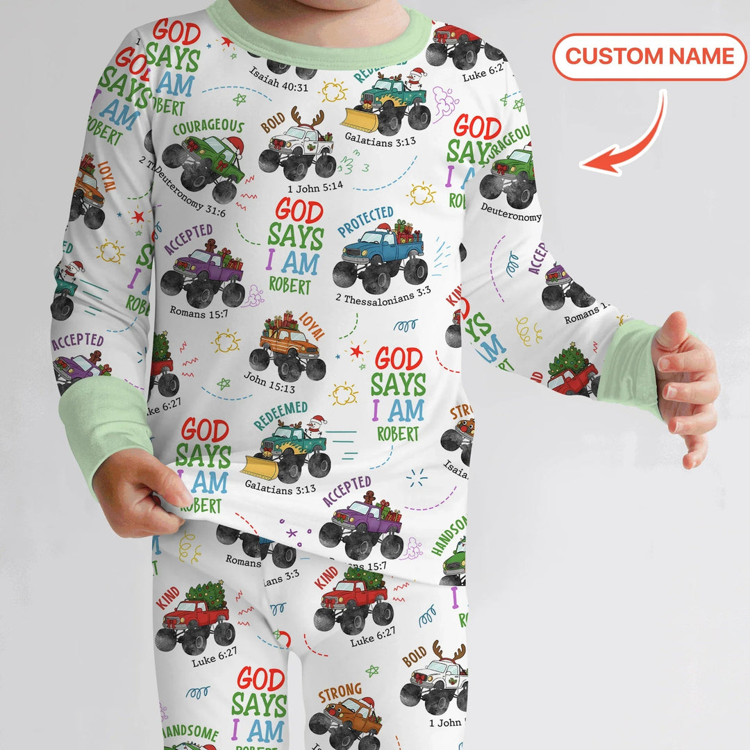 Personalized God Says I Am Christmas Monster Truck Two Piece Long Sleeve Pajama Set - Zumbamboo