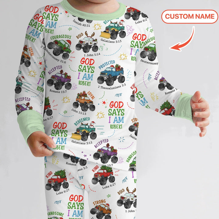 Personalized God Says I Am Christmas Monster Truck Two Piece Long Sleeve Pajama Set - Zumbamboo