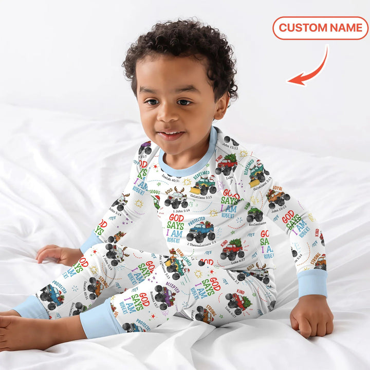 Personalized God Says I Am Christmas Monster Truck Two Piece Long Sleeve Pajama Set - Zumbamboo