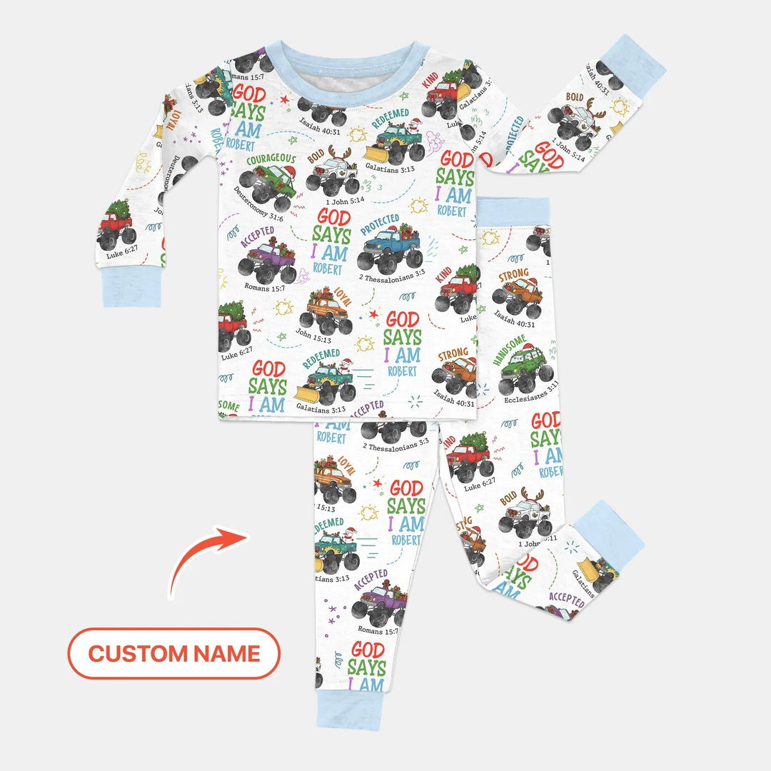 Personalized God Says I Am Christmas Monster Truck Two Piece Long Sleeve Pajama Set - Zumbamboo