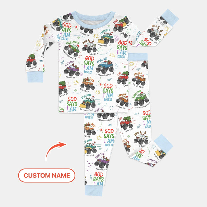 Personalized God Says I Am Christmas Monster Truck Two Piece Long Sleeve Pajama Set - Zumbamboo