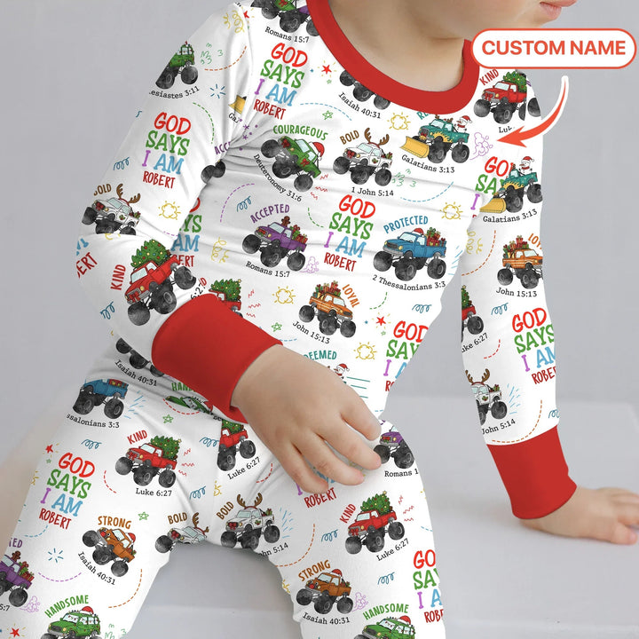 Personalized God Says I Am Christmas Monster Truck Two Piece Long Sleeve Pajama Set - Zumbamboo