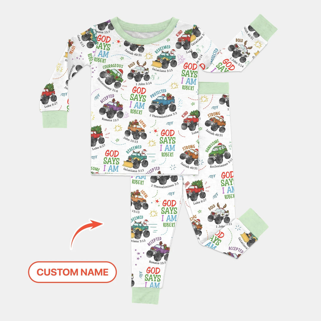 Personalized God Says I Am Christmas Monster Truck Two Piece Long Sleeve Pajama Set - Zumbamboo