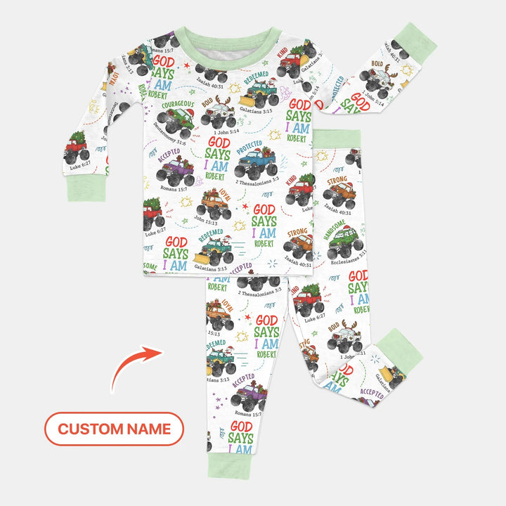 Personalized God Says I Am Christmas Monster Truck Two Piece Long Sleeve Pajama Set - Zumbamboo