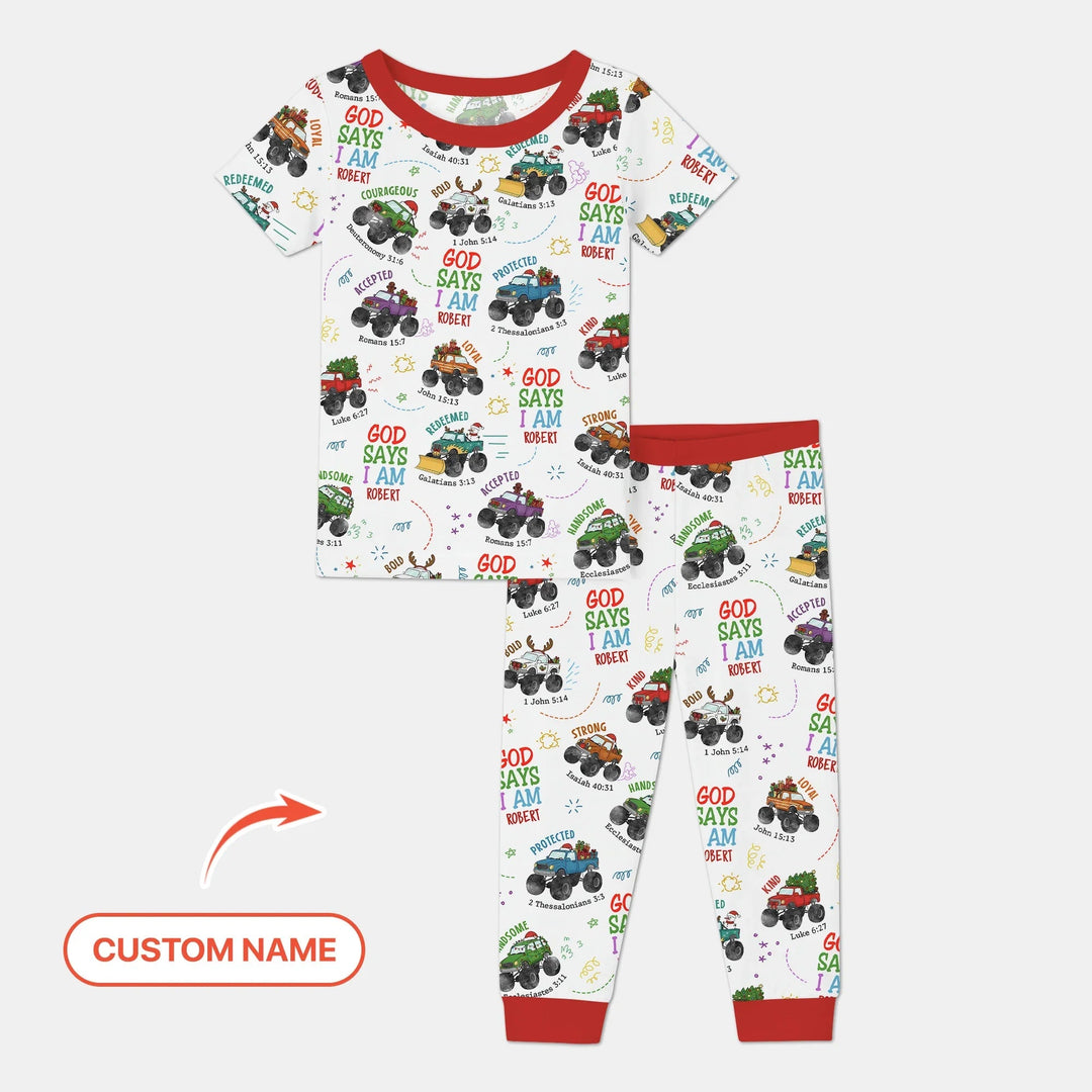 Personalized God Says I Am Christmas Monster Truck Two Piece Short Sleeve Pajama Set - Zumbamboo
