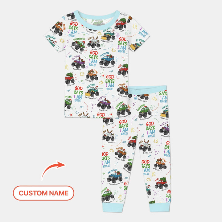 Personalized God Says I Am Christmas Monster Truck Two Piece Short Sleeve Pajama Set - Zumbamboo