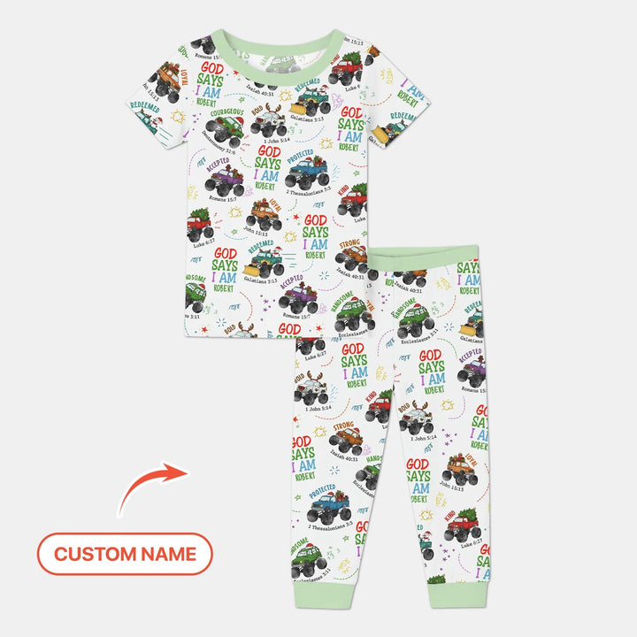 Personalized God Says I Am Christmas Monster Truck Two Piece Short Sleeve Pajama Set - Zumbamboo