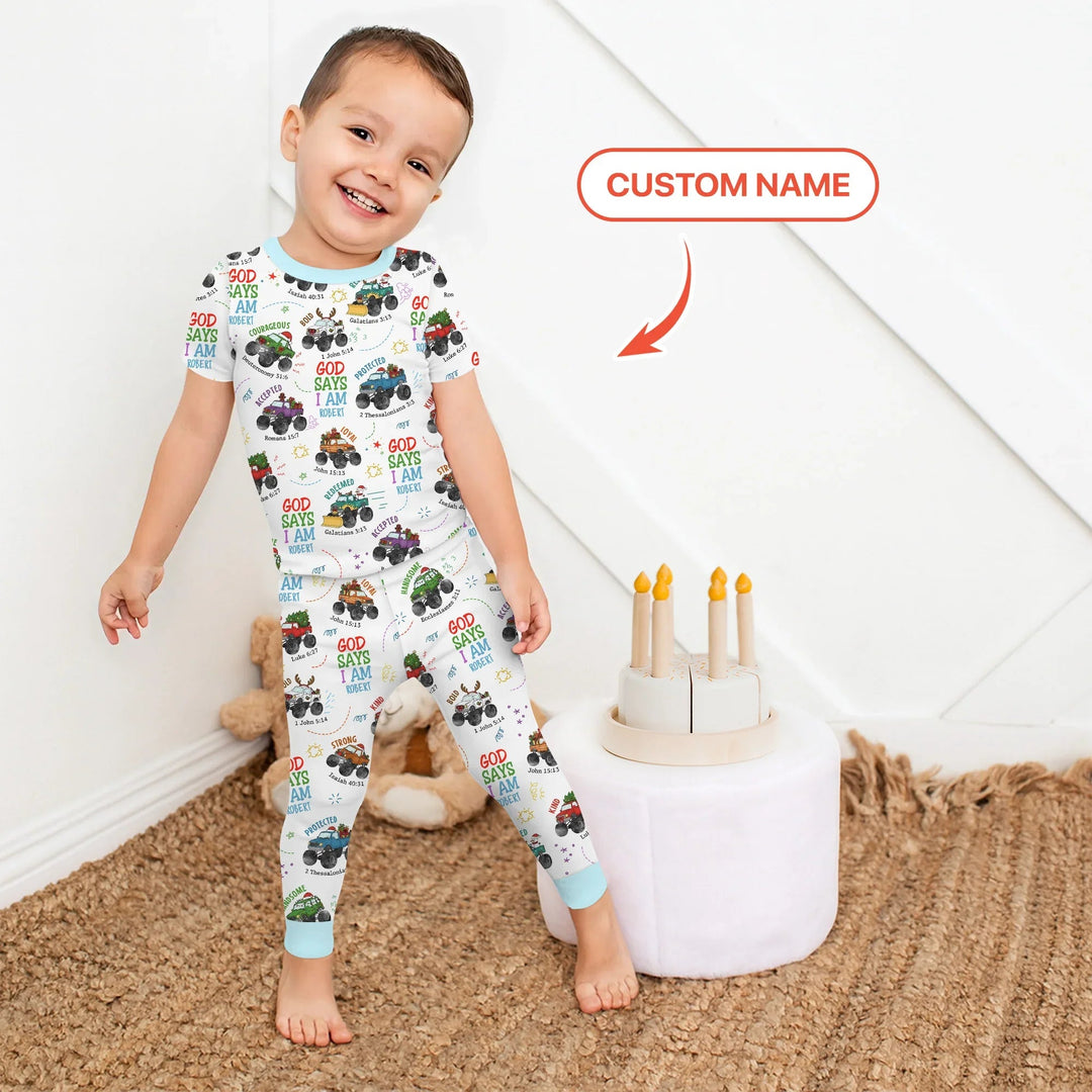 Personalized God Says I Am Christmas Monster Truck Two Piece Short Sleeve Pajama Set - Zumbamboo