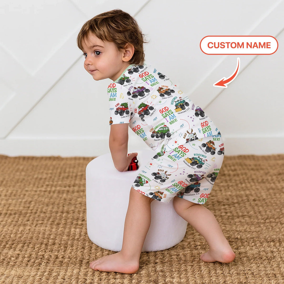 Personalized God Says I Am Christmas Monster Truck Two Piece Short Sleeve Shorts Pajama Set - Zumbamboo