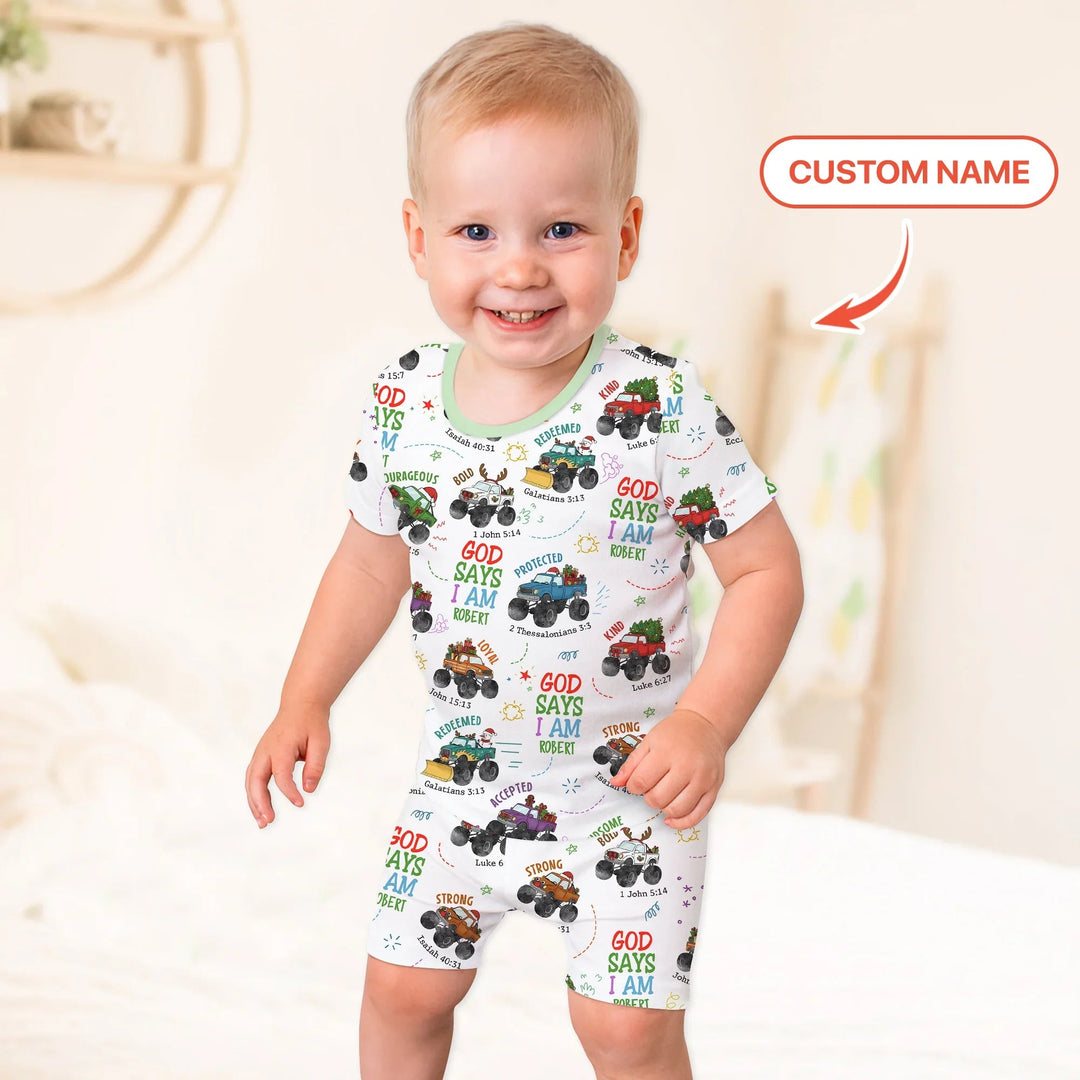 Personalized God Says I Am Christmas Monster Truck Two Piece Short Sleeve Shorts Pajama Set - Zumbamboo