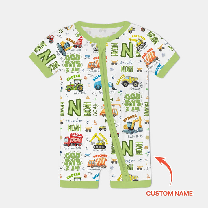 Personalized God Says I Am Construction Vehicules Shorty Zippy , Personalized God Says I Am Construction Vehicules Shorty Zippy - 0-3M