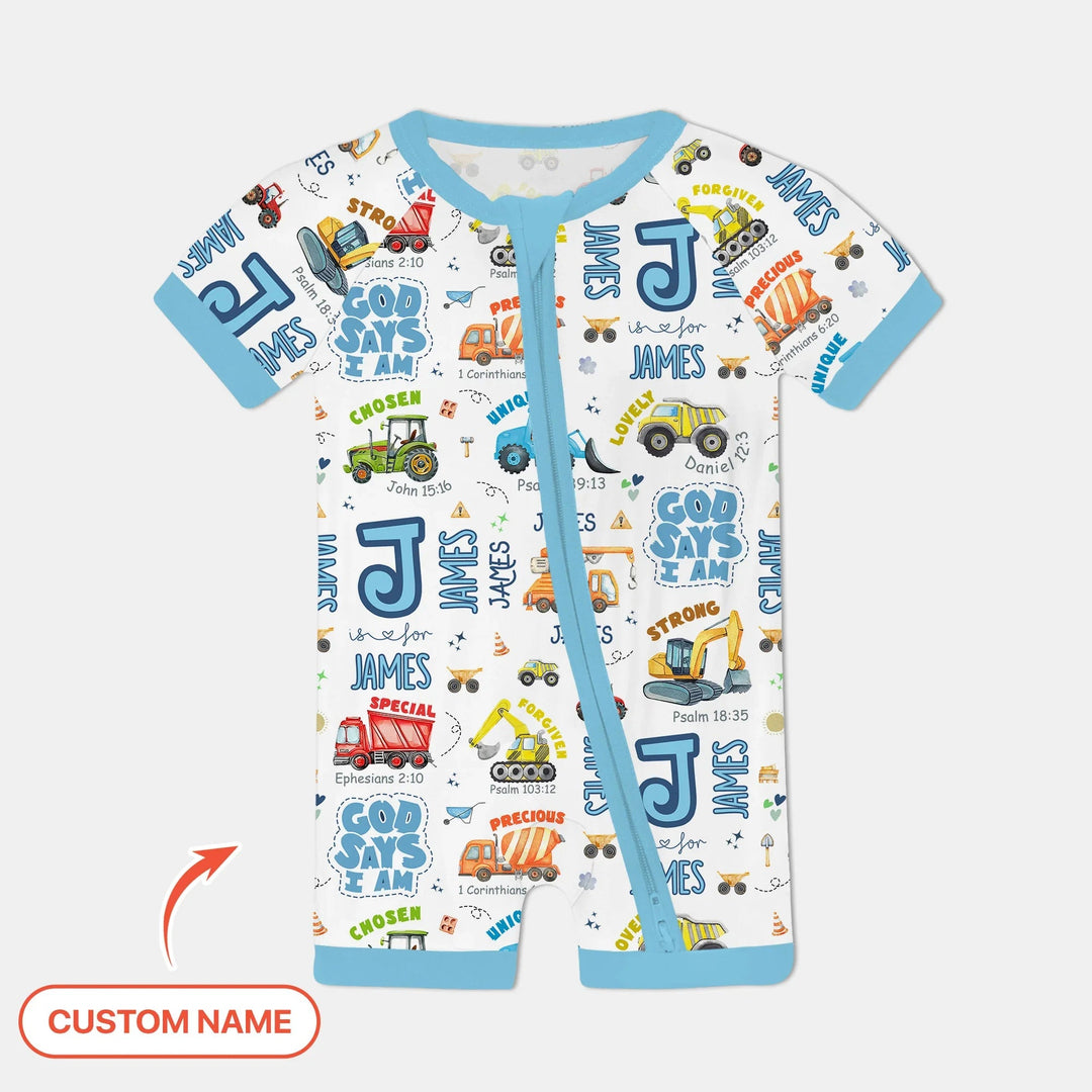 Personalized God Says I Am Construction Vehicules Shorty Zippy , Personalized God Says I Am Construction Vehicules Shorty Zippy - 0-3M