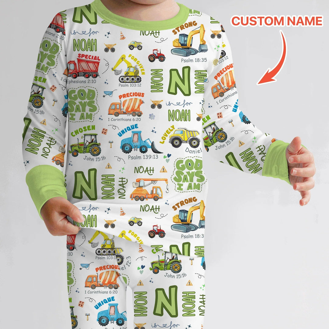 Personalized God Says I Am Construction Vehicules Two Piece Long Sleeve Pajama Set - Zumbamboo