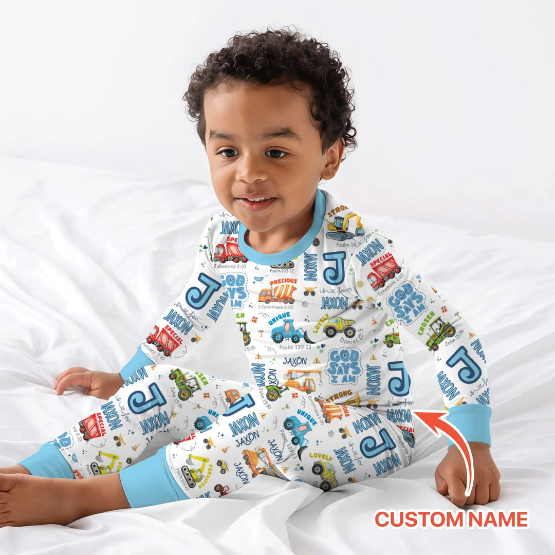 Personalized God Says I Am Construction Vehicules Two Piece Long Sleeve Pajama Set - Zumbamboo
