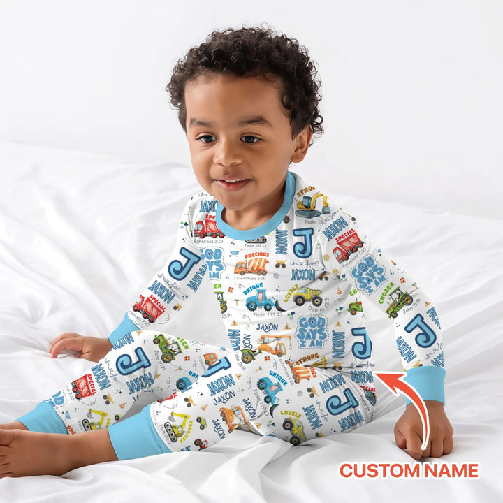 Personalized God Says I Am Construction Vehicules Two Piece Long Sleeve Pajama Set - Zumbamboo