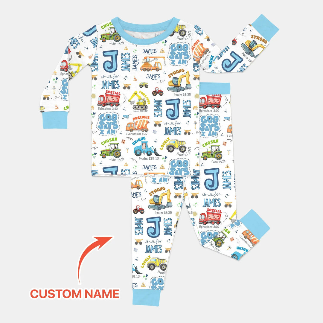 Personalized God Says I Am Construction Vehicules Two Piece Long Sleeve Pajama Set - Zumbamboo