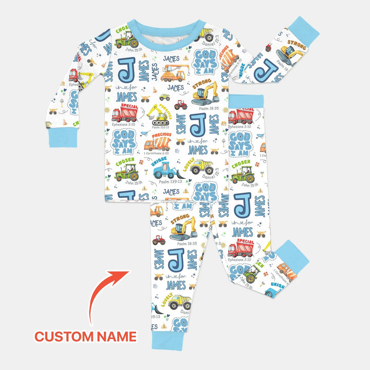 Personalized God Says I Am Construction Vehicules Two Piece Long Sleeve Pajama Set - Zumbamboo