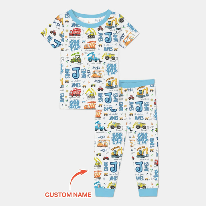 Personalized God Says I Am Construction Vehicules Two Piece Short Sleeve Pajama Set - Zumbamboo