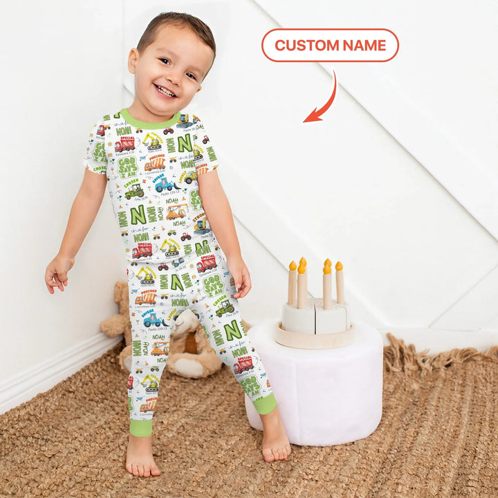 Personalized God Says I Am Construction Vehicules Two Piece Short Sleeve Pajama Set - Zumbamboo