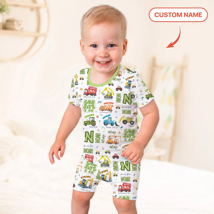 Personalized God Says I Am Construction Vehicules Two Piece Short Sleeve Shorts Pajama Set - Zumbamboo