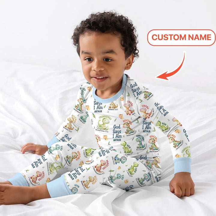 Personalized God Says I Am Dinosaur Two Piece Long Sleeve Pajama Set , Personalized God Says I Am Dinosaur Two Piece Long Sleeve Pajama Set - 12-18M