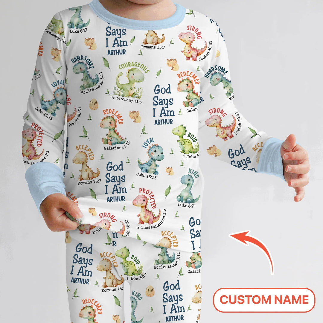 Personalized God Says I Am Dinosaur Two Piece Long Sleeve Pajama Set , Personalized God Says I Am Dinosaur Two Piece Long Sleeve Pajama Set - 12-18M