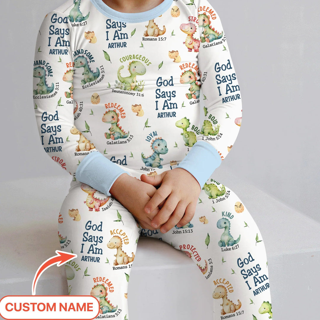 Personalized God Says I Am Dinosaur Two Piece Long Sleeve Pajama Set , Personalized God Says I Am Dinosaur Two Piece Long Sleeve Pajama Set - 12-18M