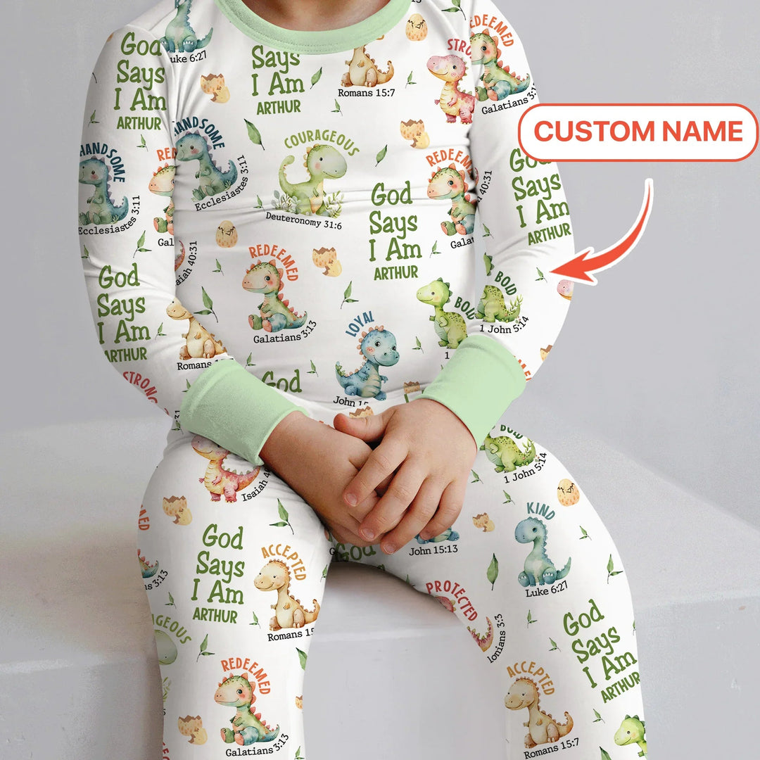 Personalized God Says I Am Dinosaur Two Piece Long Sleeve Pajama Set - Zumbamboo