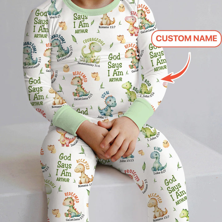 Personalized God Says I Am Dinosaur Two Piece Long Sleeve Pajama Set , Personalized God Says I Am Dinosaur Two Piece Long Sleeve Pajama Set - 12-18M
