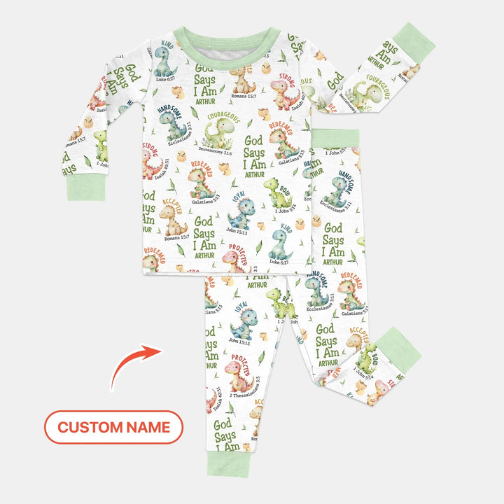 Personalized God Says I Am Dinosaur Two Piece Long Sleeve Pajama Set , Personalized God Says I Am Dinosaur Two Piece Long Sleeve Pajama Set - 12-18M