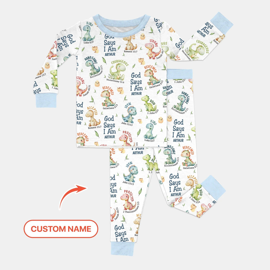 Personalized God Says I Am Dinosaur Two Piece Long Sleeve Pajama Set , Personalized God Says I Am Dinosaur Two Piece Long Sleeve Pajama Set - 12-18M